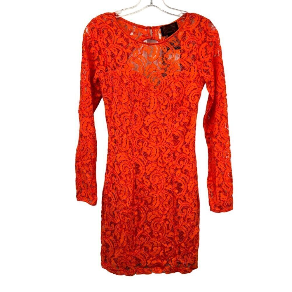 H&M Womens Long Sleeve Cut Out Back Orange Lace Sheath Dress Above Knee Sz4 New
